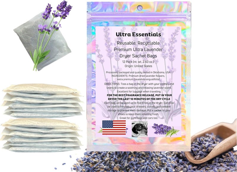 Ultra Essentials Lavender Sachet for Dryer, Closet & Drawer Fragrance, Freshens Laundry, Naturally Scented Sachets for Shoes, Gym Bags, Cars & Sweater Storage w/Premium Extra Flowers, Grown in USA (12 Pack) - Image 1